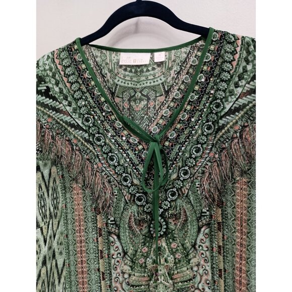 Belle By Kim Gravel Top Womens Size 1X Green BOHO Artsy Embellished Flare Sleeve - Picture 2 of 8